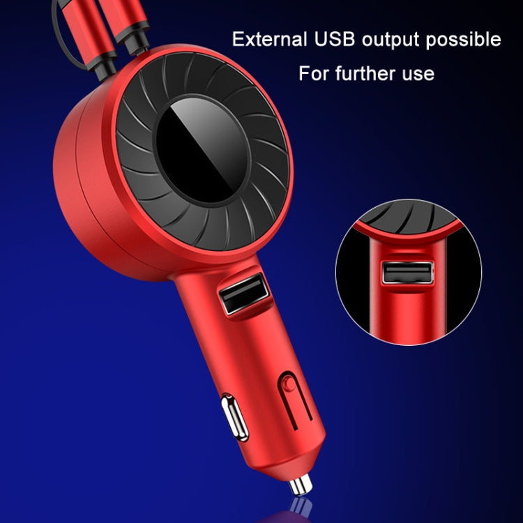 Red retractable dual USB car charger angled view with side USB ports