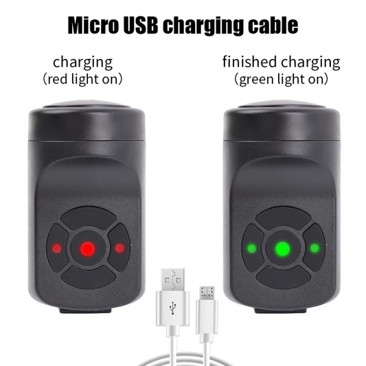 Micro USB rechargeable cycling bell with cable and red/green charging status lights