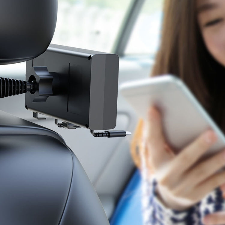 Car charger dock attached to the seat headrest with retractable cables
