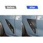 Before-and-after view of black front fender trim stickers on a car