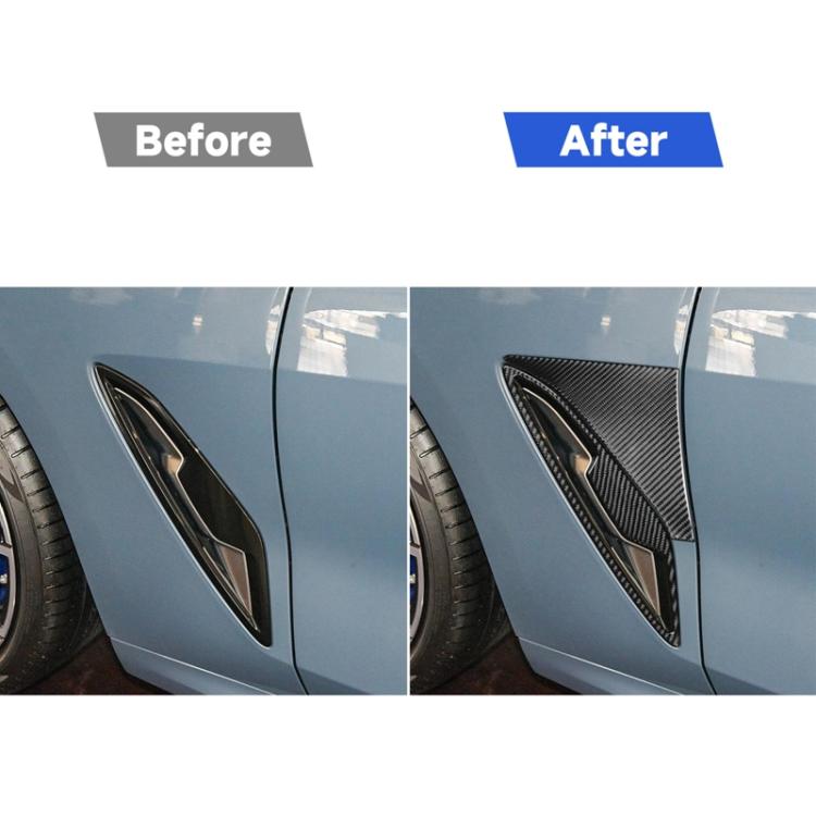 Before-and-after view of black front fender trim stickers on a car