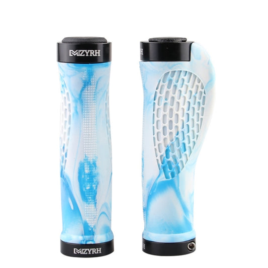 Blue and white mountain bike handlebar grip pair with black end caps and textured pattern