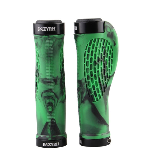Green and black mountain bike handlebar grip pair with black end caps and textured vents