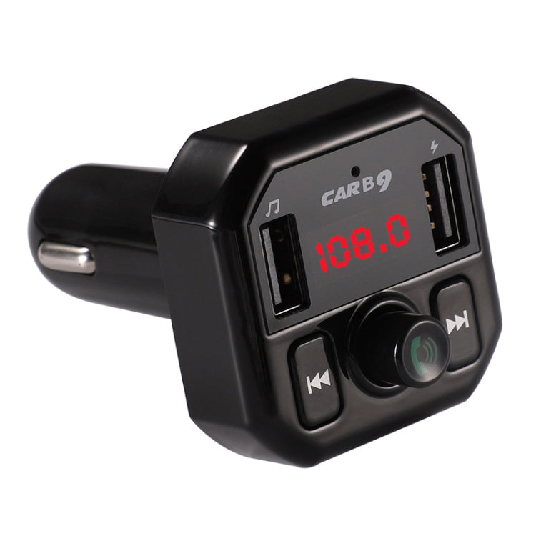 Black car USB Bluetooth charger with red digital display, dual USB ports, and call controls.
