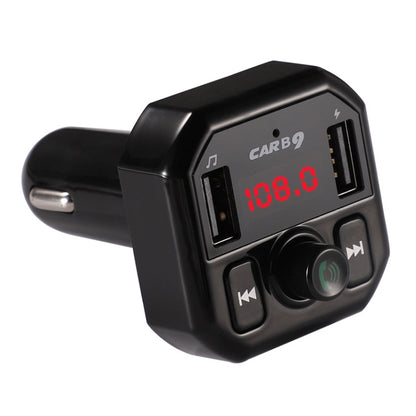 Black car USB Bluetooth charger with red digital display, dual USB ports, and call controls.