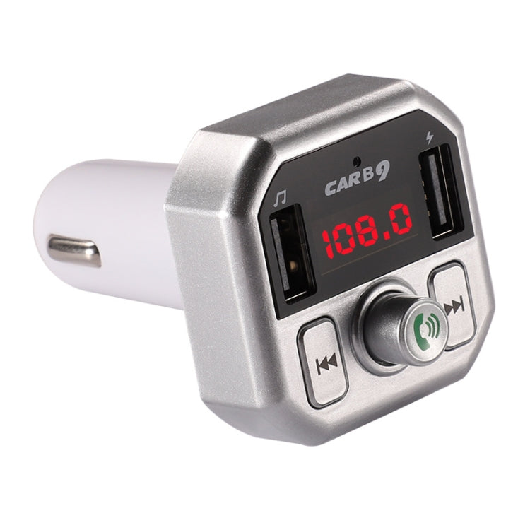 Silver car USB Bluetooth charger with red digital display, dual USB ports, and call controls.