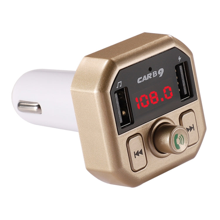 Gold car USB Bluetooth charger with red digital display, dual USB ports, and call controls.