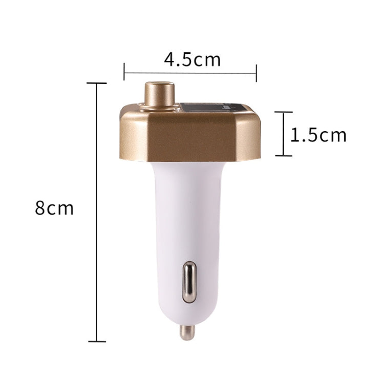Car USB Bluetooth charger with white body and gold top; shown with size measurements.