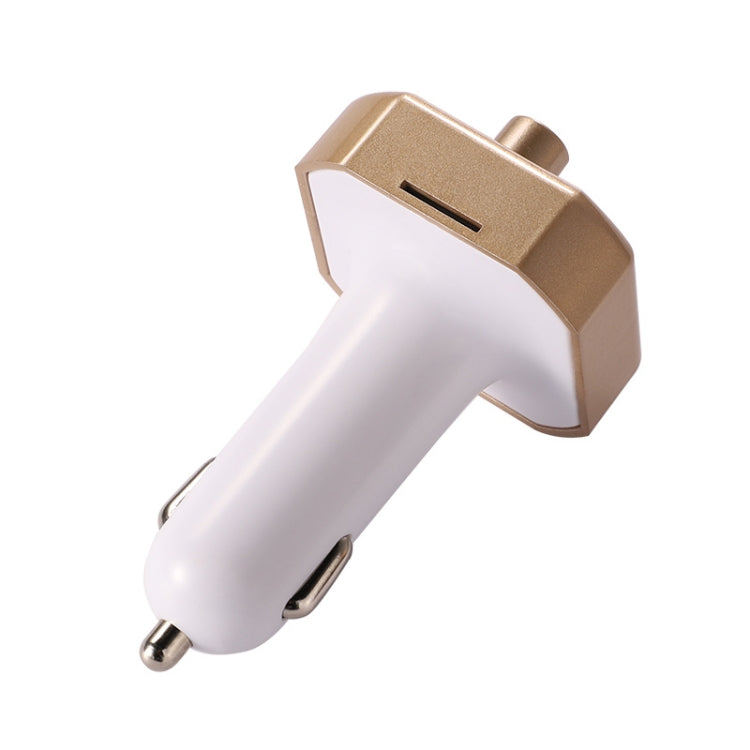 Gold car USB Bluetooth charger with white plug body and side profile view.