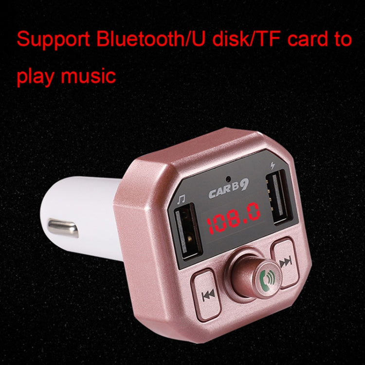 Pink car USB Bluetooth charger with red digital display, dual USB ports, and call controls.