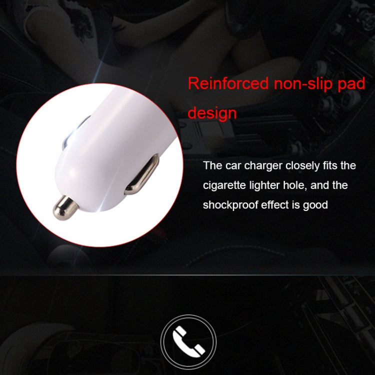 White car charger plug with metal tip and close-up inset showing the insertion end.