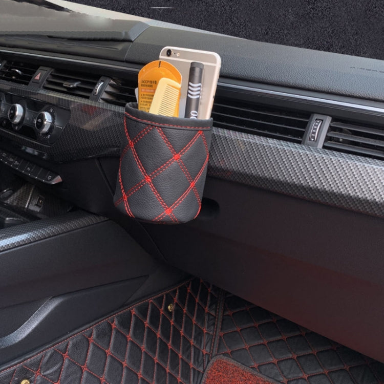 Car air vent hanging organizer pouch in dark color with red diamond stitching
