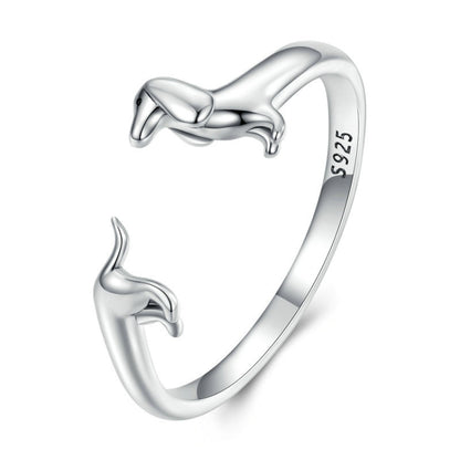 Sterling silver open dachshund ring with S925 stamp and curved band