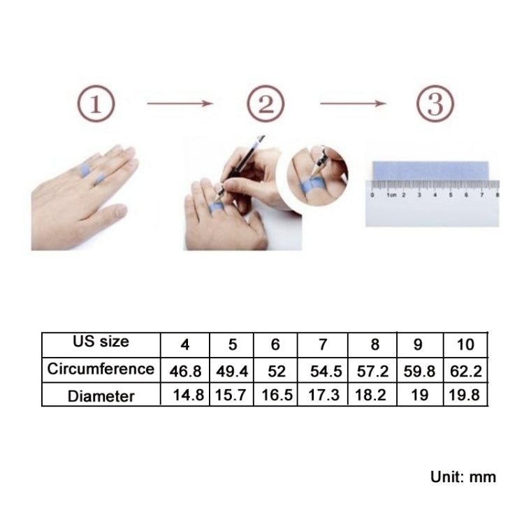 Ring size chart showing US sizes 4–10, circumference and diameter in mm