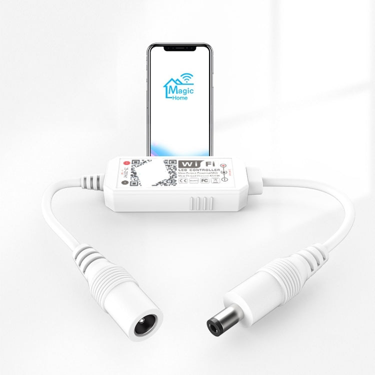 WiFi dimming controller with two lamp sockets and cable shown with smartphone app