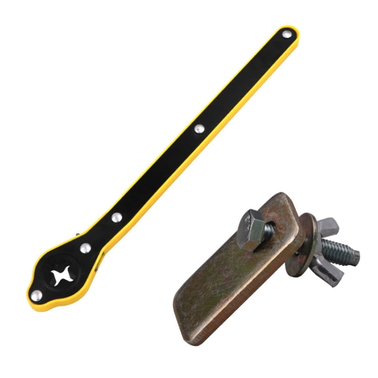 Car tire lug wrench with yellow-and-black shake handle and convertible head tool