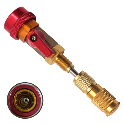 High-pressure AC valve core disassembly tool with red handle and brass fittings