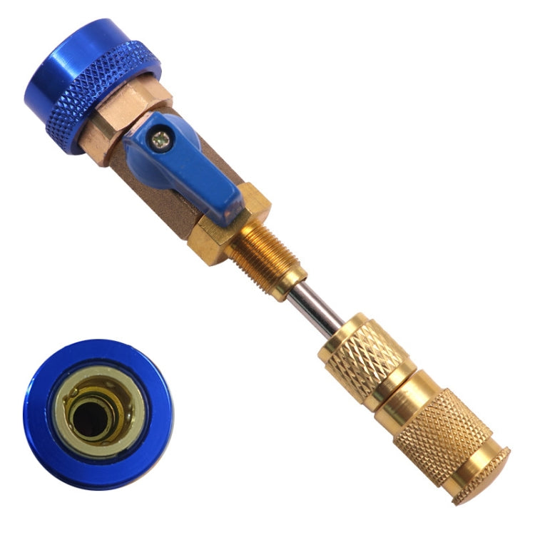 Low-pressure AC valve core disassembly tool with blue handle and brass fittings