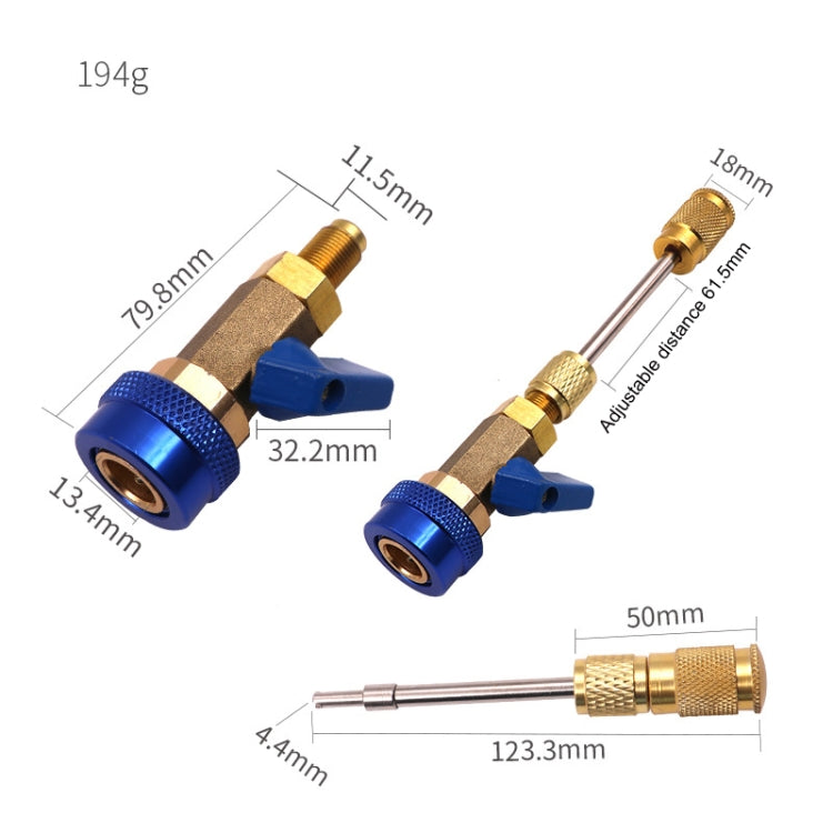 AC valve core disassembly tool diagram with dimensions and adjustable reach