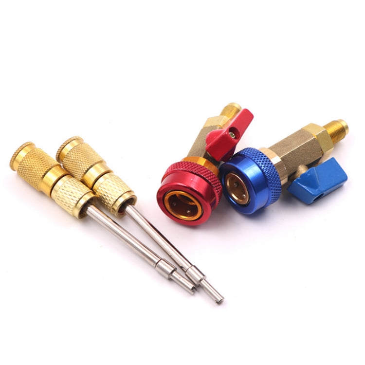 AC valve core disassembly tool kit with red and blue handles and twin rods