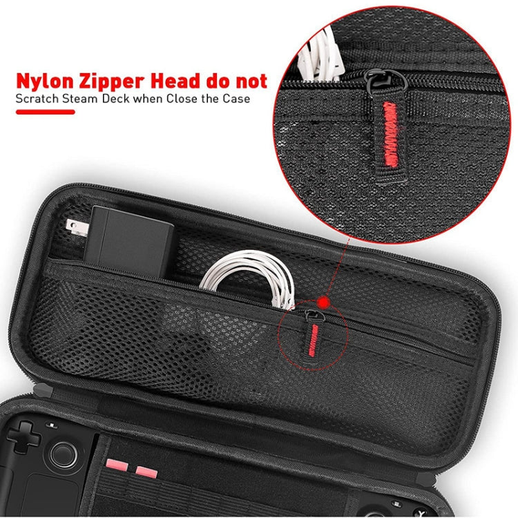 Black fabric hard case with zipper track and reinforced zipper head detail.