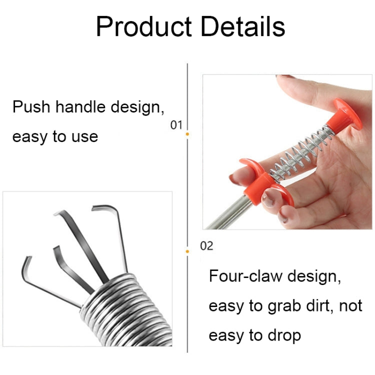 Red-handled sewer dredge tool with spring head and four-claw gripper detail
