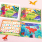 Open dinosaur busy book with colorful sticker pages and animal images