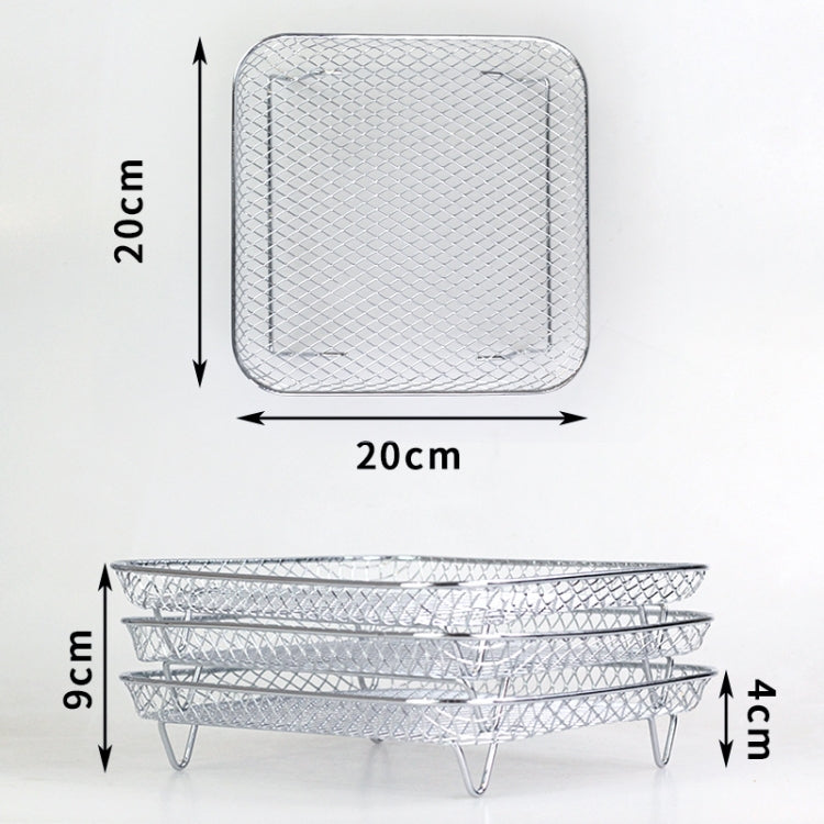 Square wire air fryer steam rack with mesh cooking surface and raised corner feet