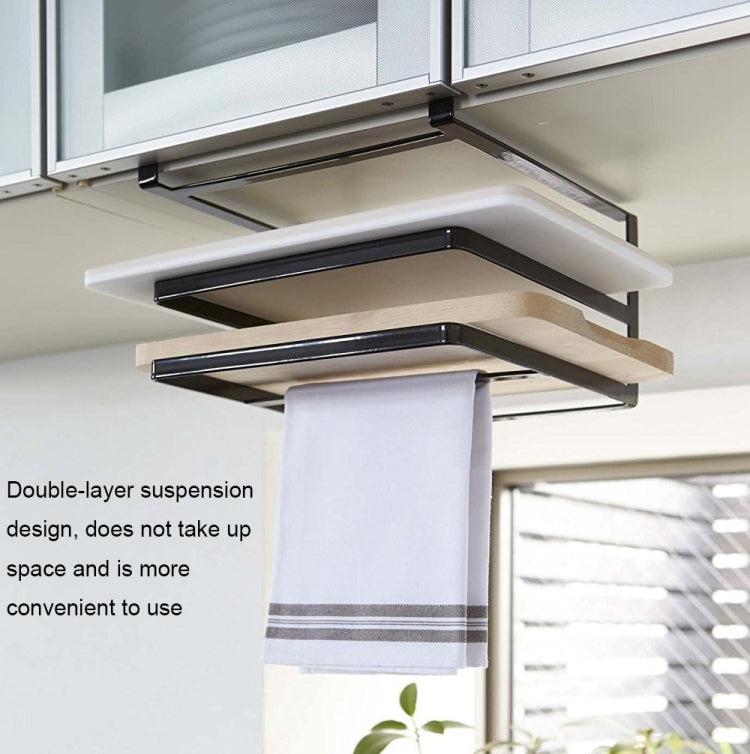 Black double-layer wall-mounted cutting board rack mounted under a cabinet