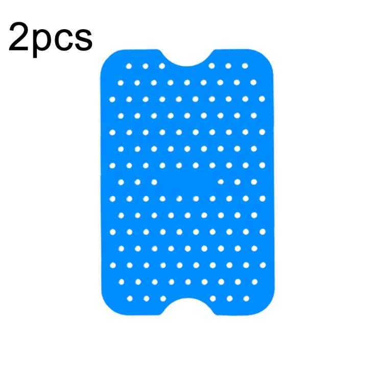 Blue rectangular silicone air fryer liner pads with dotted perforations, 2-pack.