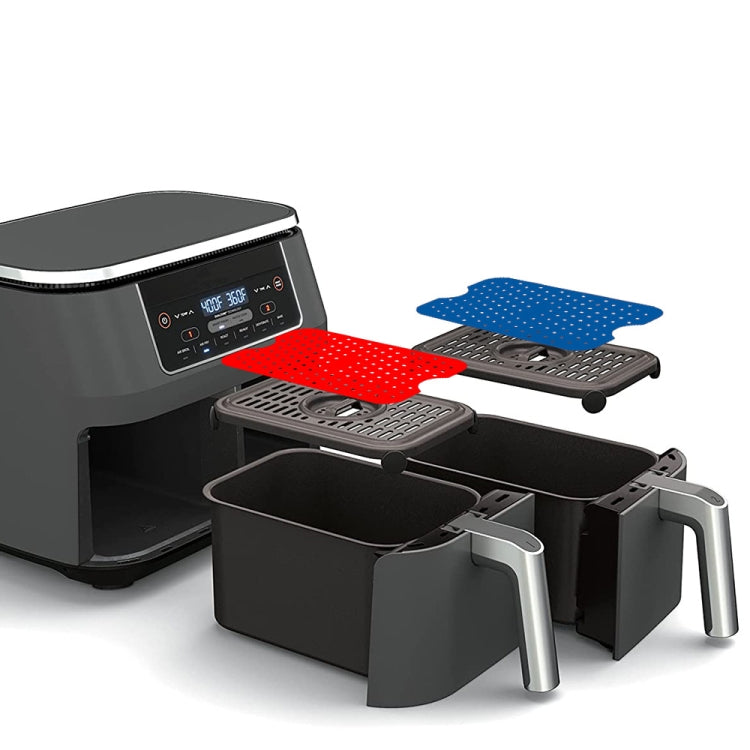 Perforated silicone air fryer liner pads in an air fryer basket, multicolor set.