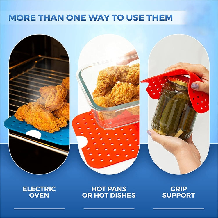 Dotted silicone air fryer liner pads for holding food and lifting from the cooker.