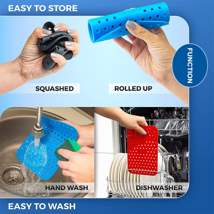 Stackable silicone air fryer liner pads showing rolled storage and easy wash care.