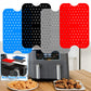 Multiple perforated silicone air fryer liner pads in red, blue, black, and grey colors.