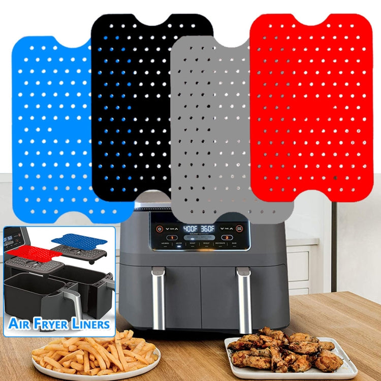 Multiple perforated silicone air fryer liner pads in red, blue, black, and grey colors.