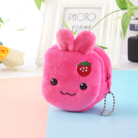 Pink plush fruit coin purse with cherry patch face and dangling keychain strap