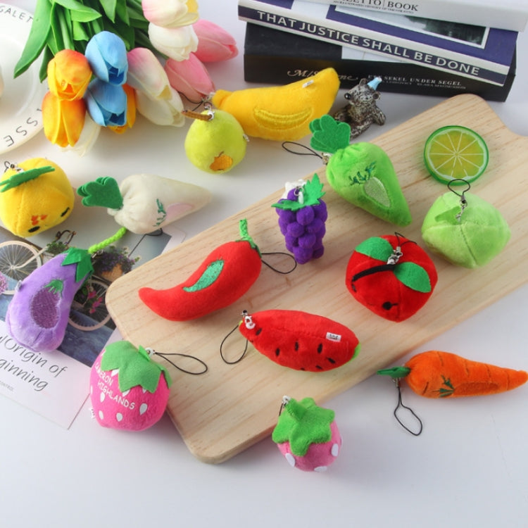 Assorted fruit and vegetable plush bag pendant keychains, multiple colors on display.