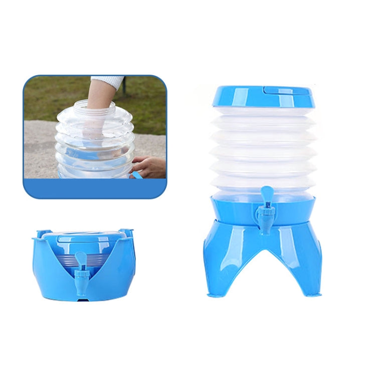 Blue collapsible camping bucket with retractable faucet and folding legs