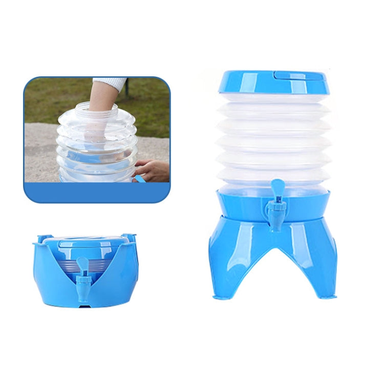 Blue collapsible bucket with retractable faucet, compact folded for storage