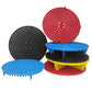 Set of round gravel filter isolation nets in red, blue, yellow, and black with peg holes