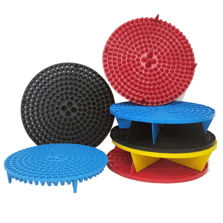 Set of round gravel filter isolation nets in red, blue, yellow, and black with peg holes