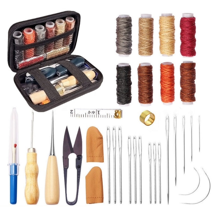 Leather sewing kit set in zip pouch with thread spools, tools, and needles