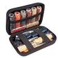 Leather sewing kit set with organized thread spools in black zip case and tools