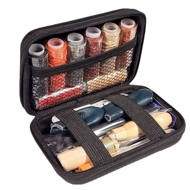 Leather sewing kit set with organized thread spools in black zip case and tools