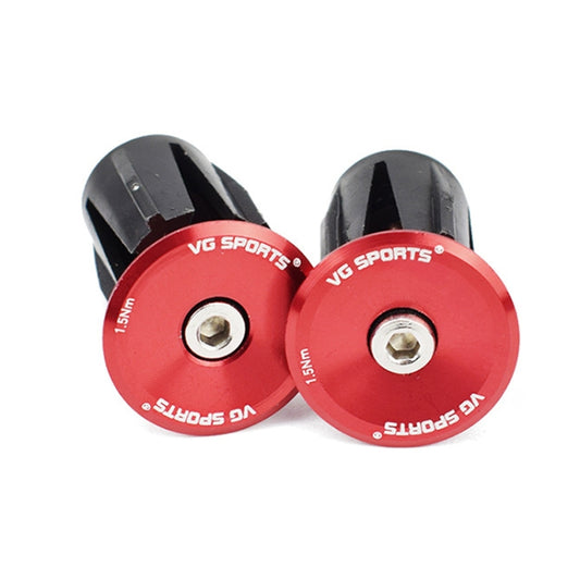 Red aluminum bicycle handlebar expansion plugs with black end caps, 2-pack.