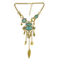 Gold-tone turquoise-stone statement necklace with oval center pendant and tassel drops