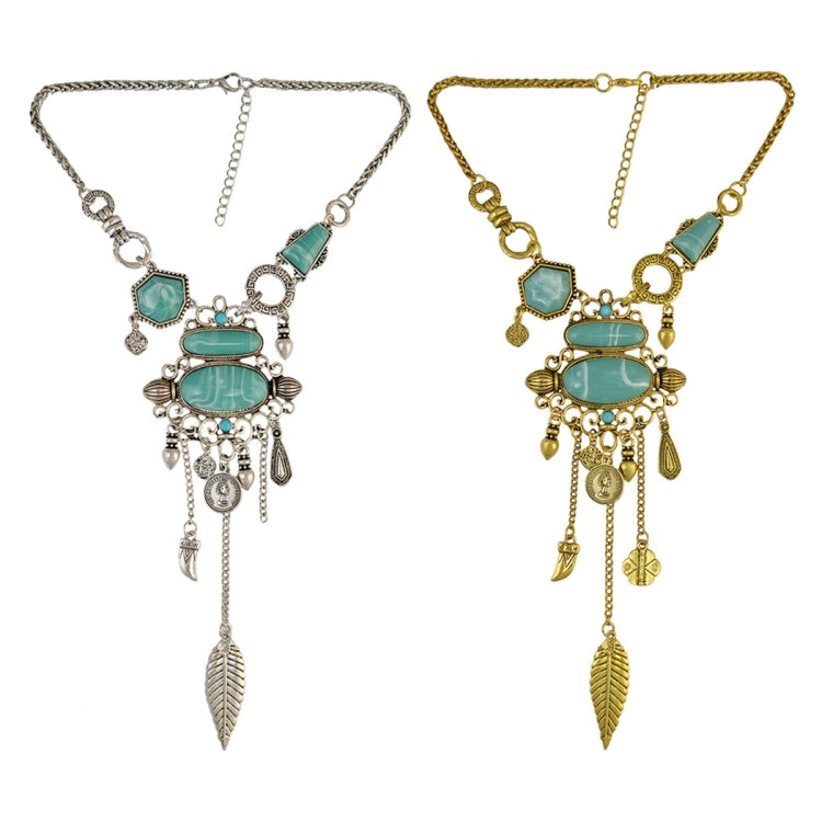 Pair of necklaces: silver-tone and gold-tone, each with turquoise openwork bib and leaf drops