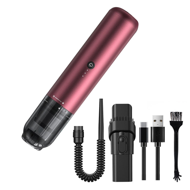 Wine red handheld cordless vacuum cleaner with clear dust container and power button