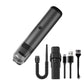 Black handheld cordless vacuum cleaner with clear dust container and power button