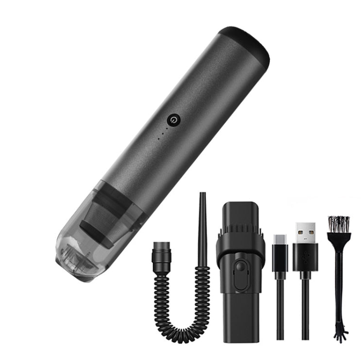 Black handheld cordless vacuum cleaner with clear dust container and power button